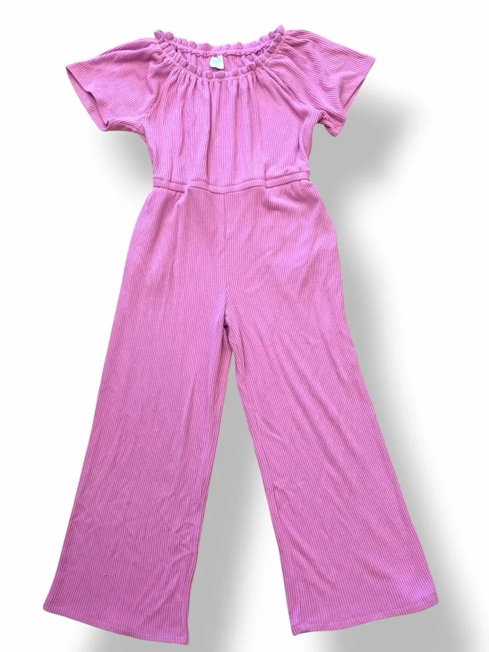 Pink Ribbed Wide Leg Jumpsuit Ruffle Neck Pockets Girls Sz 8 Medium